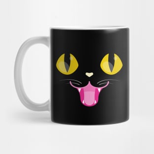 Black Cat Face Happy Halloween Kitty Yellow Pink & White w/ Whiskers and Fangs Mug